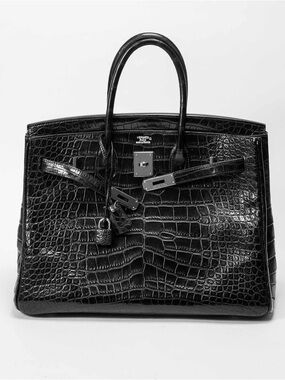 Black Alligator Birkin Top Handle bag shiny noir HOLES embossed PHW CROCODILE
